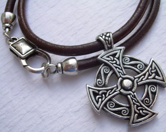 Mens Celtic Cross Leather Necklace: Antique Silver Pendant