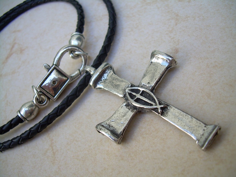 Mens Cross Necklace Leather Cross Necklace Christian Fish Etsy