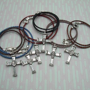 Pewter Nail Cross Pendant: Reversible Leather Necklace