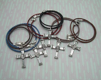 Pewter Nail Cross Pendant: Reversible Leather Necklace