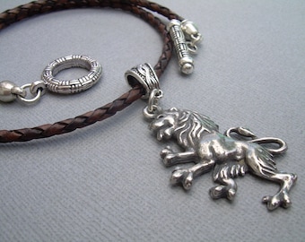 Standing Lion Pendant Necklace, Braided Leather Necklace, Toggle Clasp Necklace, Genuine Leather Jewelry, Handmade Necklace, Made in USA