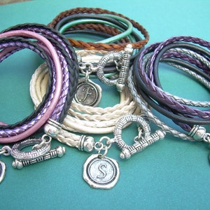 Personalized Leather Wrap Bracelet: Initial Charm, Toggle Clasp