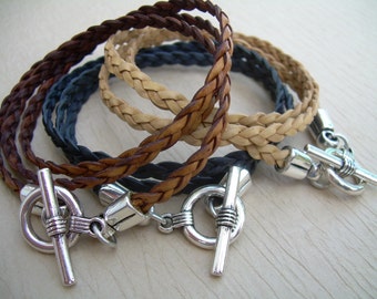 Flat Braided Leather Bracelet: Triple Wrap Style, Toggle Clasp Closure, Custom Sized in USA
