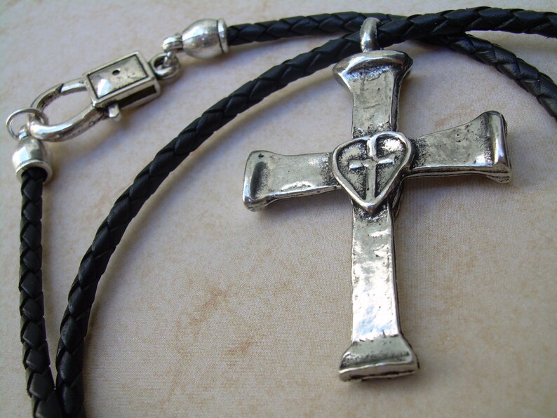 Mens Cross Necklace Leather Cross Necklace Christian Fish Etsy