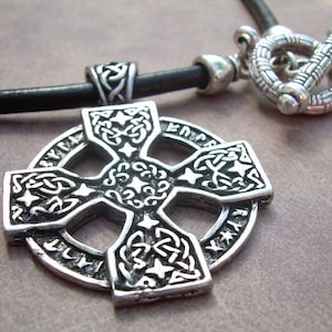 Celtic Cross Necklace: Pewter Pendant, Black Leather Cord