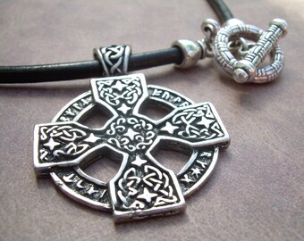 Celtic Cross Necklace: Pewter Pendant, Black Leather Cord