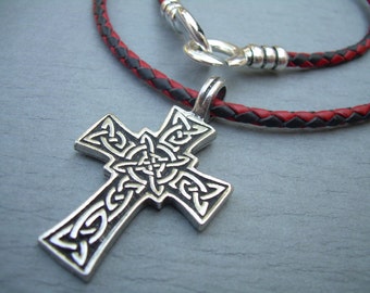 Celtic Cross Necklace for Men: Braided Leather Cord, Pewter Pendant