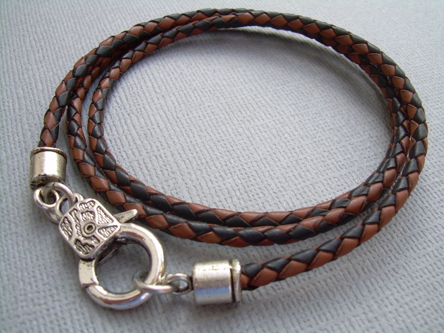 Mens Braided Leather Bracelet: Triple Wrap with Lobster Clasp