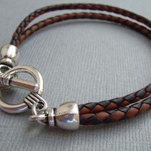 Braided  Leather Bracelet, Double Strand Leather Bracelet, Two Toned Braided Leather Bracelet, Toggle Clasp Leather Bracelet