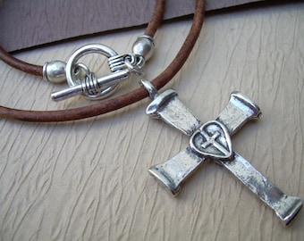 Pewter Nail Cross Pendant: Leather Necklace, Christian Religious Gift