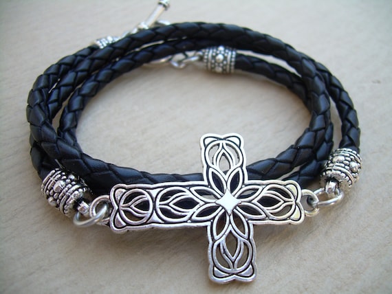 Braided Leather Cross Bracelet: Antique Silver Toggle Clasp