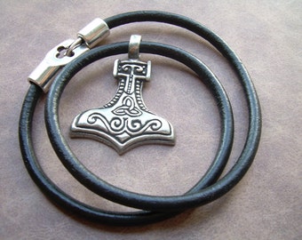 Mens Leather Necklace, Thor's Hammer Pendant , Celtic Necklace, Mens Necklace, Mens Jewelry, Mens Gift under 20,