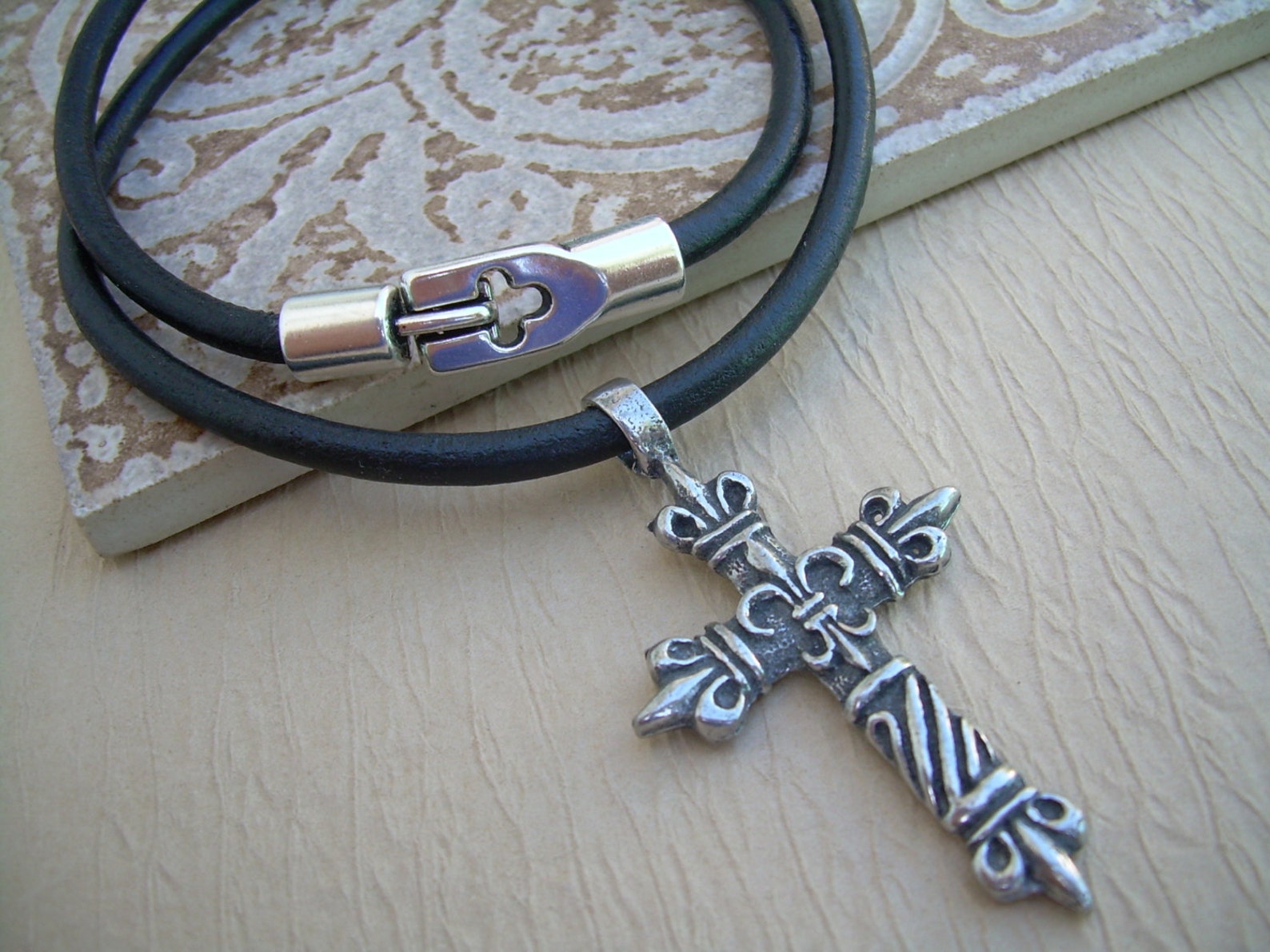 Cross Necklace Men Mens Cross Necklace Leather Cross Etsy