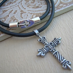 Cross Necklace, Leather Cord 4mm Smooth, Fleur De lis Design, Interlocking Clasp Closure, Religious Gift, Christian Jewelry, Handmade in USA