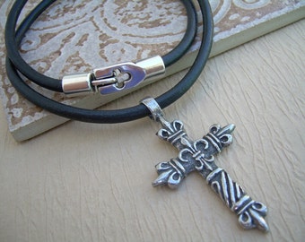 Fleur De Lis Cross Necklace with Pewter Pendant on Black Leather Cord, Religious Jewelry,