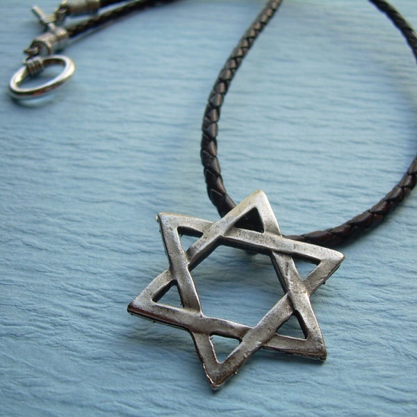 Mens Leather Necklace, Star of David Pendant on a Leather Necklace, Braided Leather Necklace