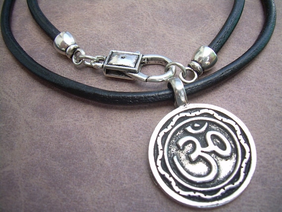 Leather Necklace with Pewter Om Pendant, Yoga Jewelry, Namaste Gift, Meditation Accessory, Ohm Symbol,