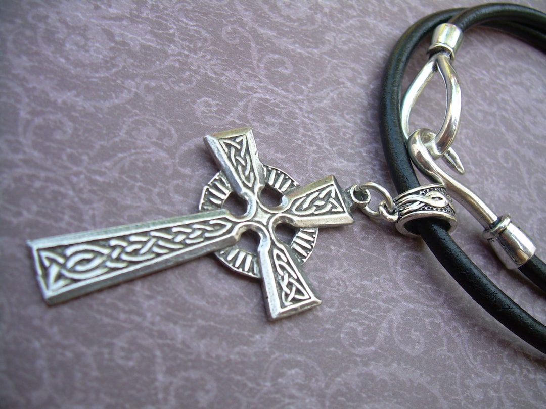 Celtic Cross Necklace, Men's Leather Cross Necklace, Leather Cross