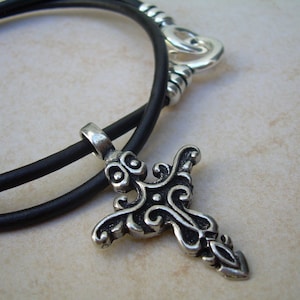 Tribal Cross Leather Necklace: Pewter Pendant, Unisex Jewelry
