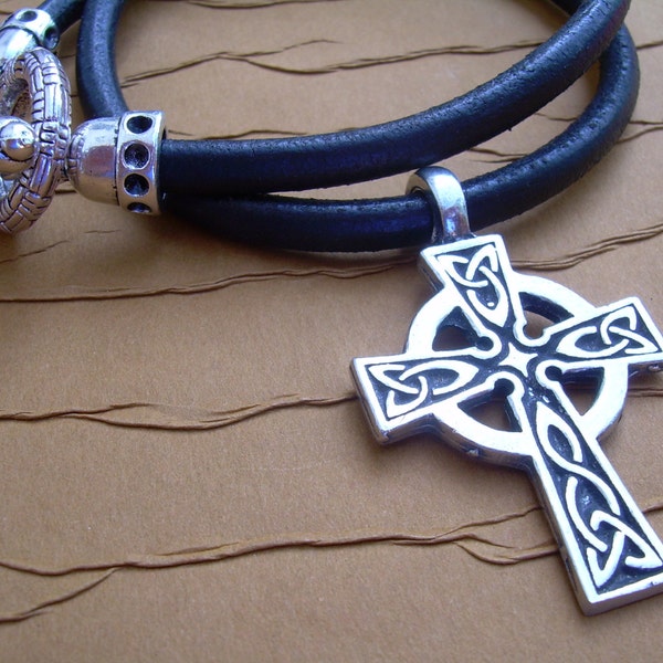 Celtic Cross Necklace, Black Leather Choker, Toggle Clasp Closure, Handmade Gift, Custom Sized Jewelry, Extra Long Length, Religious Gift