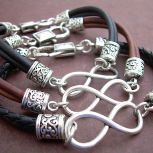 Leather Infinity Bracelet, 3mm Double Strand Cord, Lobster Clasp Closure, Silver Toned Hardware, Custom Sized in USA, Third Anniversary Gift