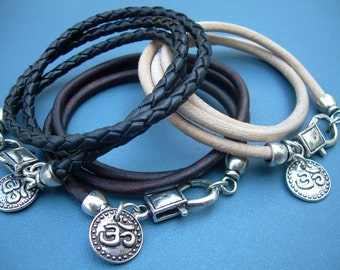 Om Bracelet, Mens Leather Bracelets, Womens Leather Bracelets, Leather Wrap Bracelet, Triple WrapBracelet, Womens Bracelet, Yoga Gift