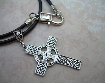 Celtic Cross Necklace: Pewter Pendant, Black Leather Cord, Lobster Clasp Closure, Custom Sized