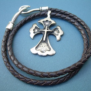 Men&#39;s Leather Cross Necklace: Pewter Pendant, Hook Clasp