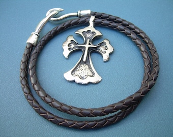 Gothic Cross Necklace, Men's Leather Cross Necklace, Cross Pendant on a Braided Cord, Hook Clasp Closure, Handmade in USA