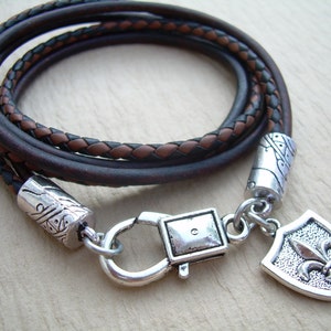 Fleur De Lis Leather Wrap Bracelet: Antique Silver Pendant