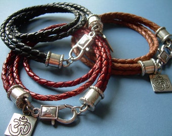 Leather Om Bracelet, Mens Leather Bracelets,  Leather Wrap Bracelet with Om Pendant, Womens Leather Bracelet