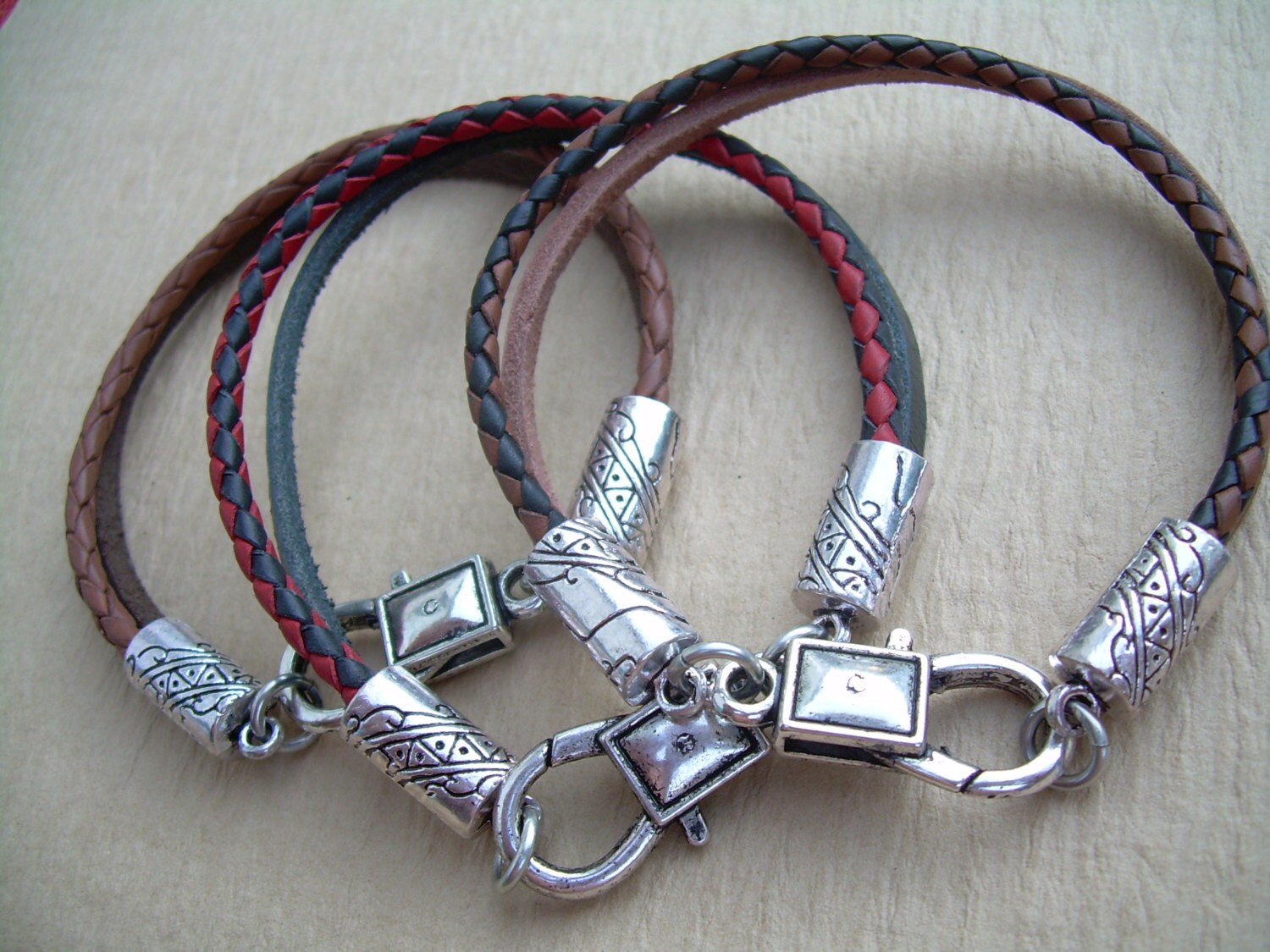 Two Tone Braided Leather Bracelet Mens Leather Bracelets Etsy