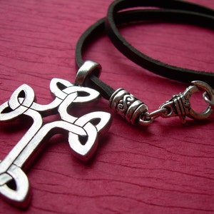 Mens Celtic Cross Necklace: Pewter Pendant, Black Leather Cord