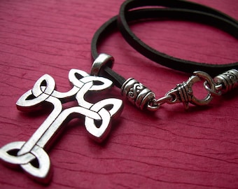 Mens Celtic Cross Necklace: Black Leather Cord, Pewter Pendant,