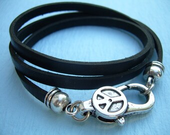 Flat Leather Bracelet, Mens Leather Bracelets, Womens Leather Wrap Bracelet, Peace Bracelet