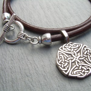 Celtic Knot Pendant Necklace: Brown Leather Cord, Pewter Clasp