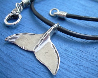 Pewter Whale Tail Leather Necklace: Unisex Ocean Jewelry, Beach Lovers Gift