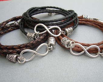 Leather Infinity Bracelet: Triple Wrap, Braided Cord, Custom Sized, Silver Tone
