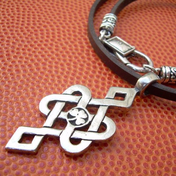 Men's Leather Necklace  Irish Celtic Knot and Clover Pendant Leather Necklace Jewelry Flat Black Cord Necklace Mens Jewelry Celtic Jewelry