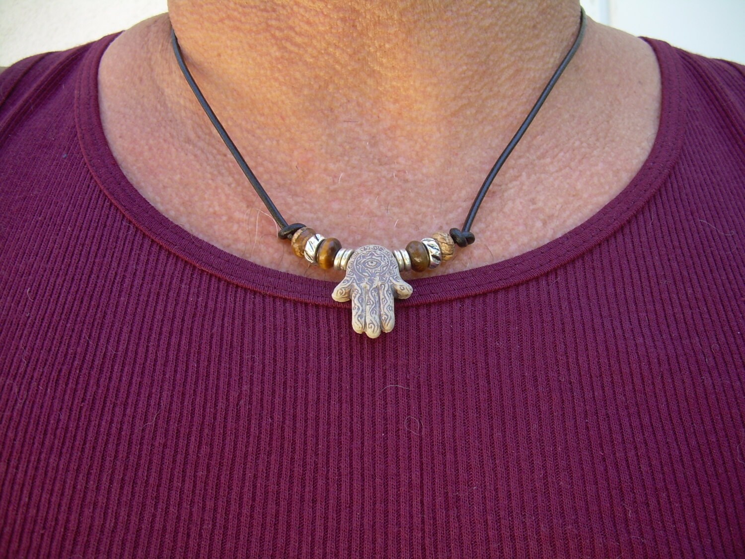 Hamsa Necklace Leather Necklace Ceramic Hamsa Pendant Etsy