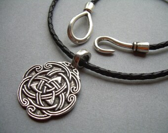 Mens Celtic Knot Pendant Necklace: 3 mm Braided Leather Cord