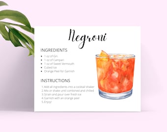Negroni Cocktail Recipe Card: Printable Bar Cart Art (Digital Download)