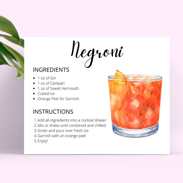 Negroni DIGITAL DOWNLOAD Cocktail Recipe Card, Cocktail Recipe, Cocktail Recipes, Instant Download, Recipe Cards Printable, Negroni