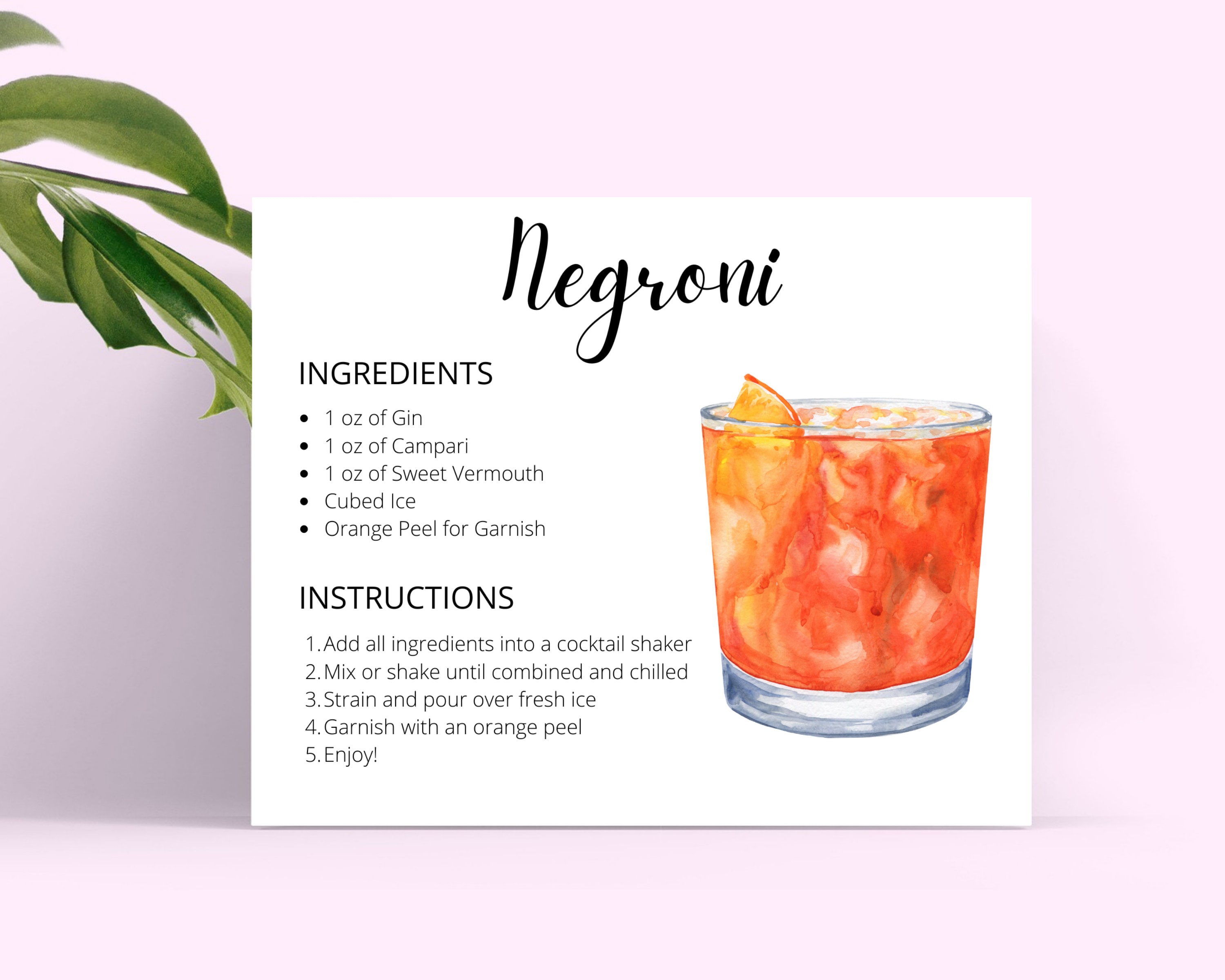 Negroni DIGITAL DOWNLOAD Cocktail Recipe Card, Cocktail Recipe
