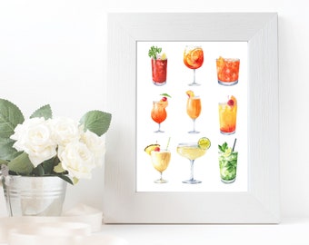 Watercolor Cocktail Art Print: Summer Drinks, Bar Cart Decor (5x7 Digital Download)