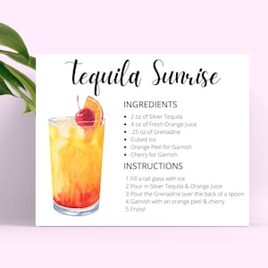 Tequila Sunrise DIGITAL DOWNLOAD Cocktail Recipe Card, Tequila Sunrise Watercolor, Cocktail Recipe, Cocktail Recipes,Instant Download Recipe