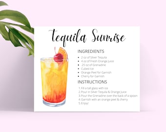 Tequila Sunrise Recipe Card: Watercolor Cocktail Art (Digital Download)
