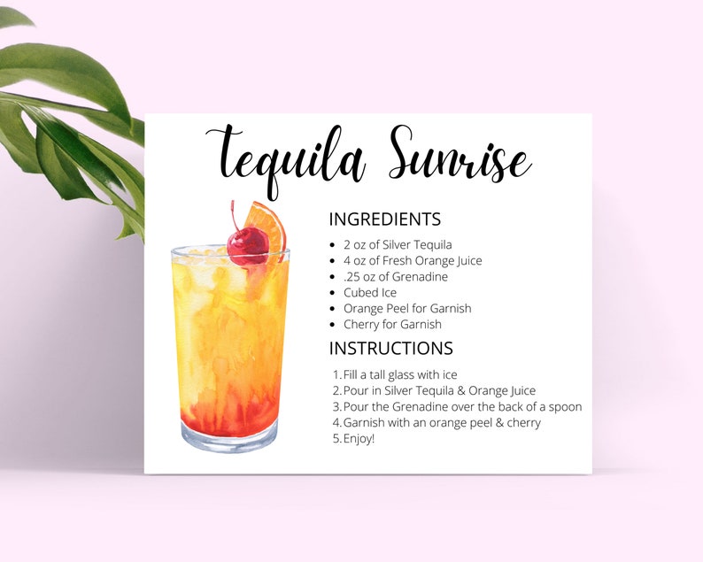 Tequila Sunrise DIGITAL DOWNLOAD Cocktail Recipe Card, Tequila Sunrise
