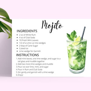 Mojito DIGITAL DOWNLOAD Scheda ricetta cocktail, Ricetta cocktail, Ricette cocktail, Download istantaneo, Schede ricetta stampabili, Ricetta Mojito