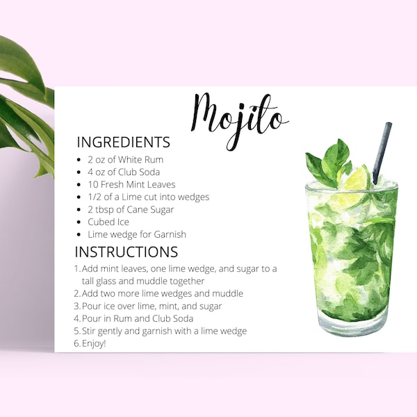 Mojito DIGITAL DOWNLOAD Cocktail Recipe Card, Cocktail Recipe, Cocktail Recipes, Instant Download, Recipe Cards Printable, Mojito Recipe